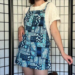 Hawaiian island patterned blue cotton overalls